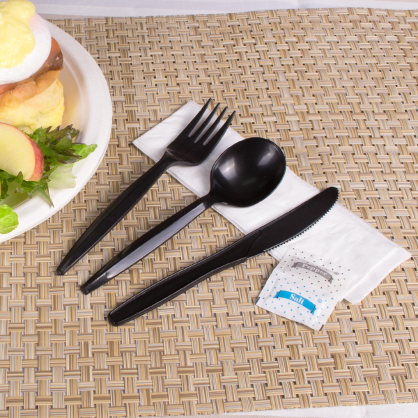 Karat PP Plastic Medium-Heavy Weight Cutlery Kits with Salt and Pepper, Black - 250 kits