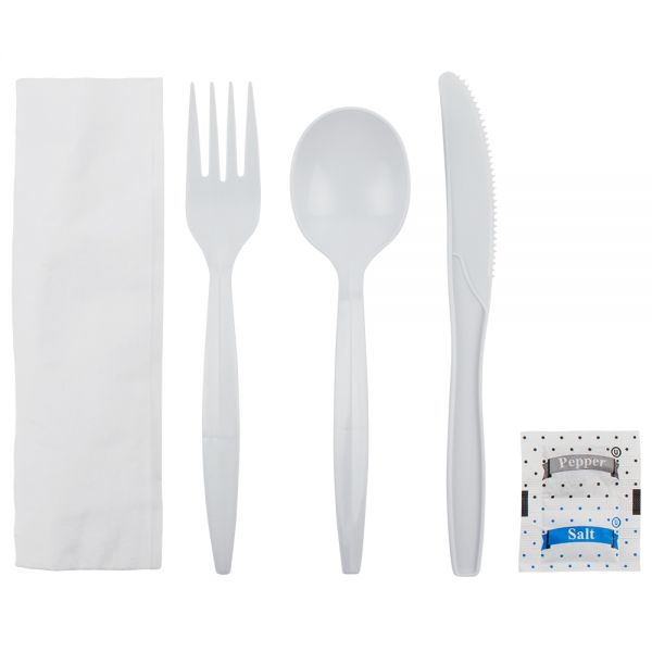 Karat PP Plastic Medium-Heavy Weight Cutlery Kits with Salt and Pepper, White - 250 kits