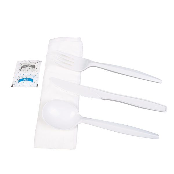 Karat PP Plastic Medium-Heavy Weight Cutlery Kits with Salt and Pepper, White - 250 kits