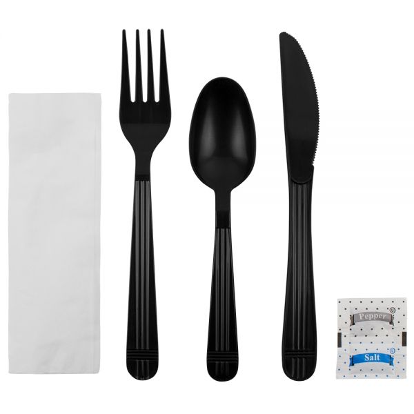 Karat PP Plastic Heavy Weight Cutlery Kits with Salt and Pepper - Black - 250 kits