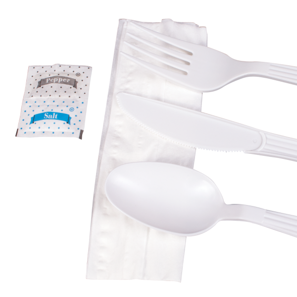 Karat PP Plastic Heavy Weight Cutlery Kits with Salt and Pepper, White - 250 kits