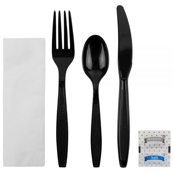 Karat PS Plastic Heavy Weight Cutlery Kits with Salt and Pepper, Black - 250 kits
