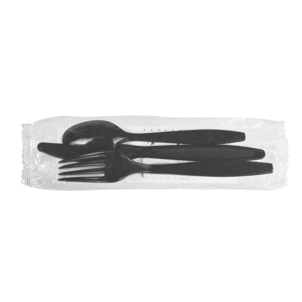 PS Plastic Heavy Weight Cutlery Kits with Salt and Pepper, Black - 250 kits