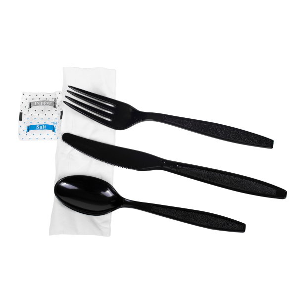 Karat PS Plastic Heavy Weight Cutlery Kits with Salt and Pepper, Black - 250 kits