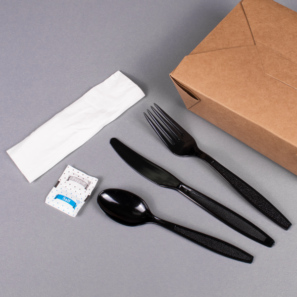 PS Plastic Heavy Weight Cutlery Kits with Salt and Pepper, Black - 250 kits