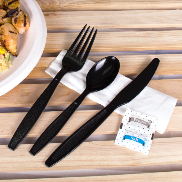 PS Plastic Heavy Weight Cutlery Kits with Salt and Pepper, Black - 250 kits