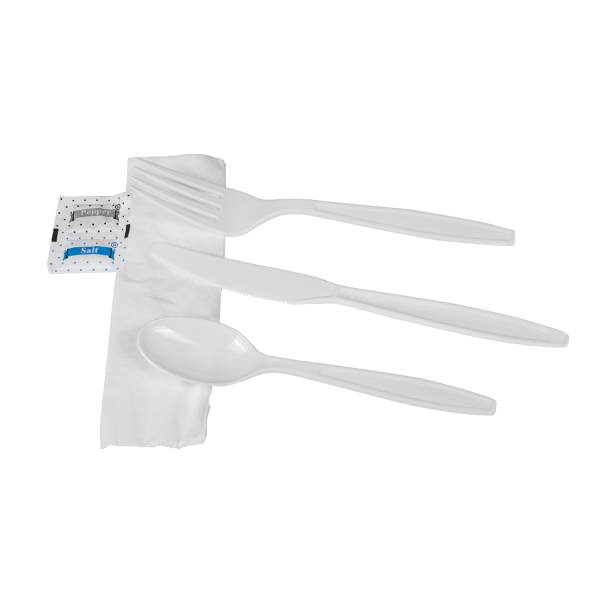 Karat PS Plastic Heavy Weight Cutlery Kits with Salt and Pepper, White - 250 kits