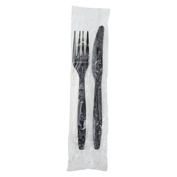 Karat Heavy-Weight Cutlery Kits (Knife, Fork, 1-ply Napkin), Black - 500 kits