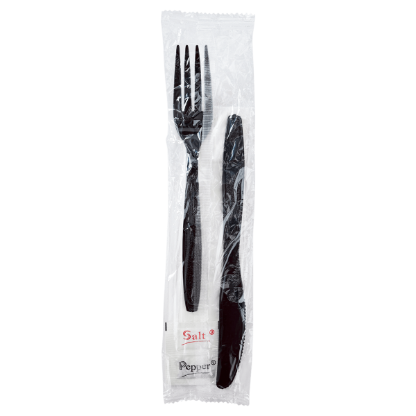 Karat PS Heavy-Weight Cutlery Kits (Knife, Fork, 1-ply Napkin, Salt, Pepper) - 250 kits