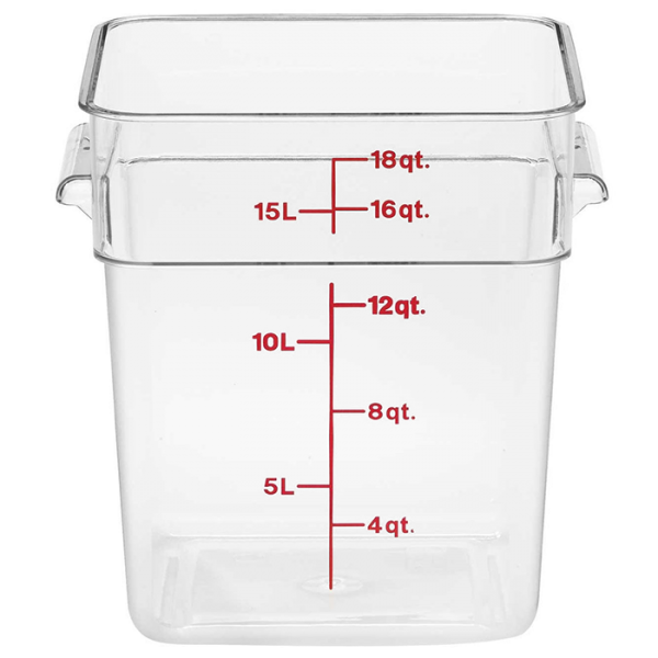 Clear container with red measuring marks that go up to 18 qt